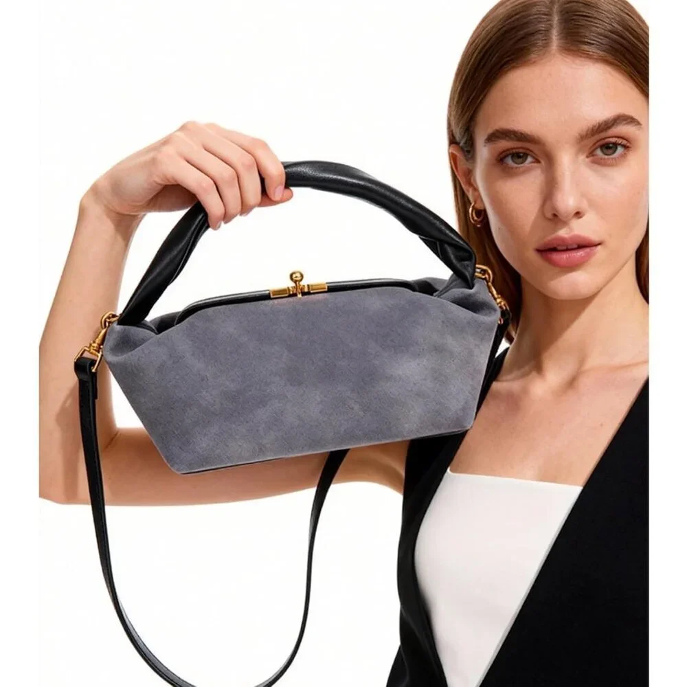 Women's Warm Gray Faux Suede Vintage Slouchy Soft Satchel Kiss Lock Hobo Handbag